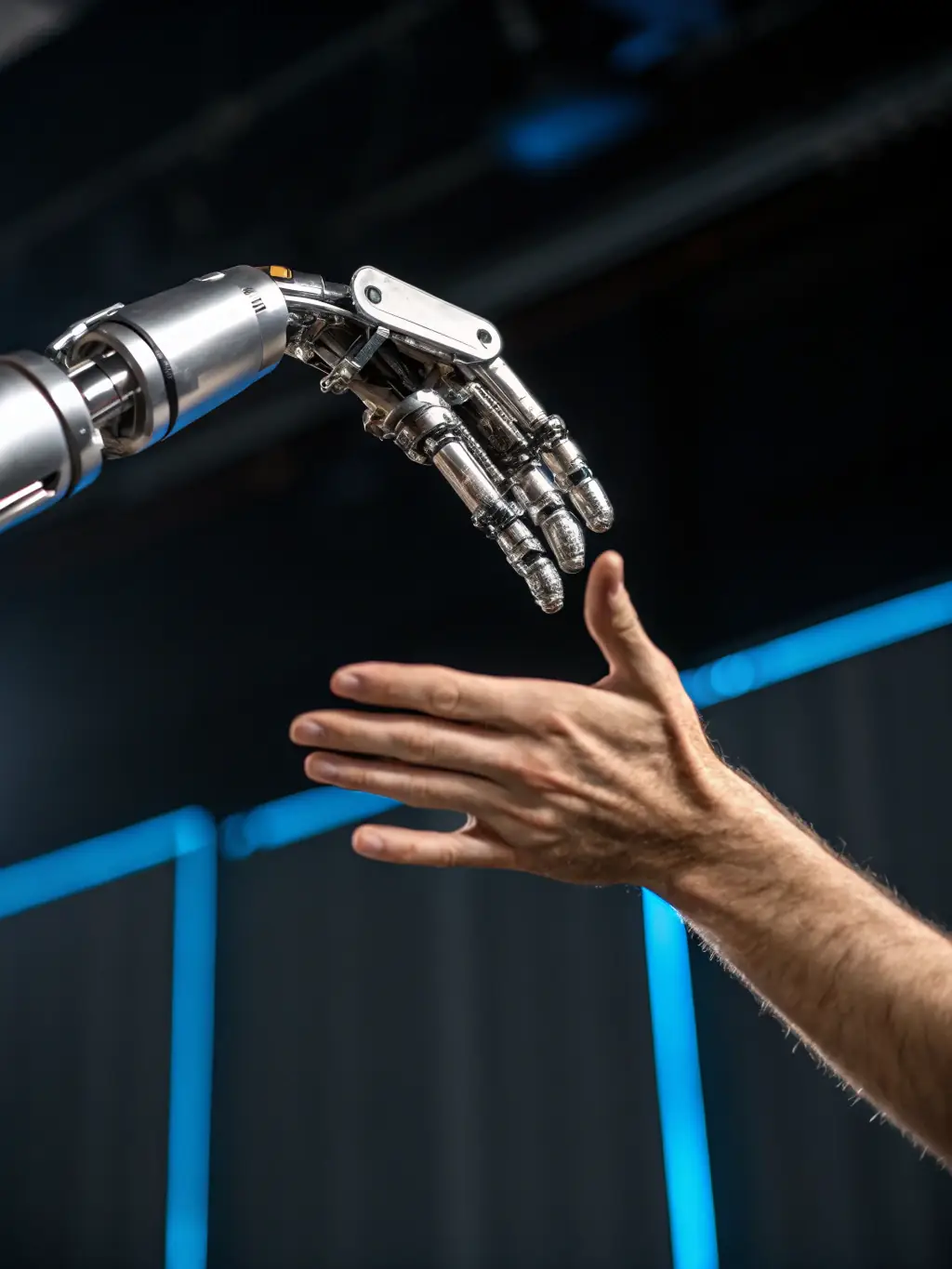 A digital illustration depicting a robotic arm seamlessly integrating with a human hand, symbolizing the collaboration between AI and human workers in a modern office setting, representing improved workflow automation for TechKnowSol's clients.
