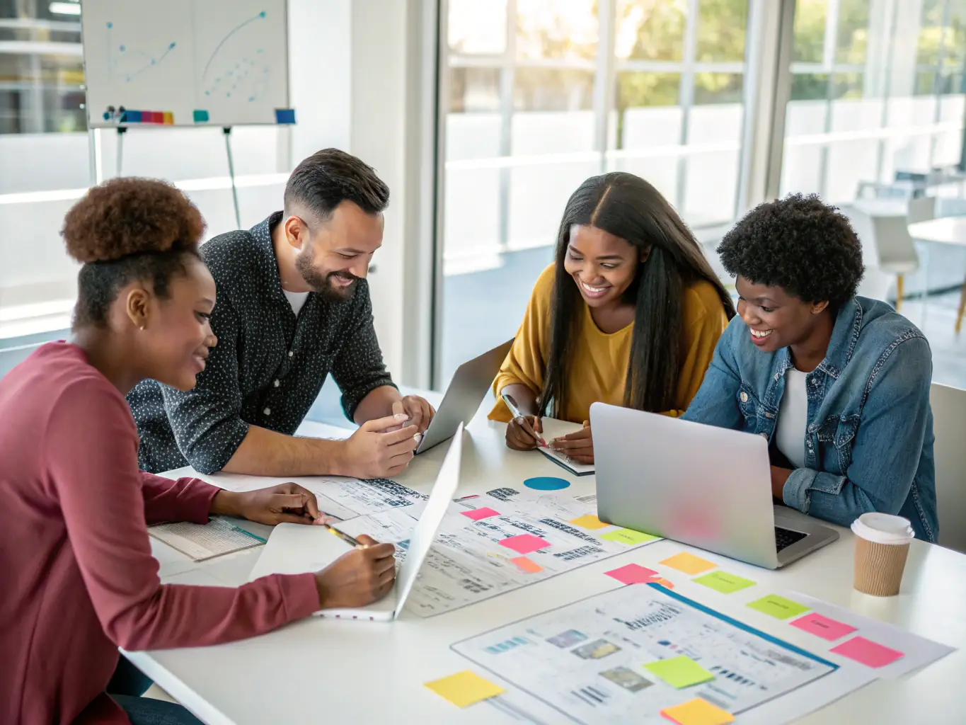 An image of a team collaborating around a digital product roadmap on a large screen, symbolizing strategic planning and execution for TechKnowSol's Digital Product Management services.