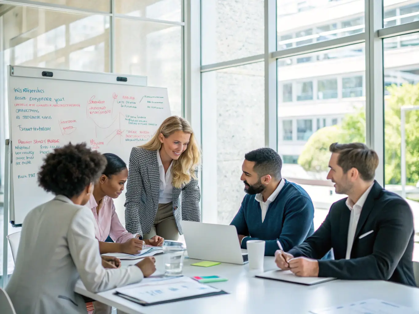 A professional image depicting a team collaborating on a digital product roadmap, showcasing strategic planning and alignment with business objectives.